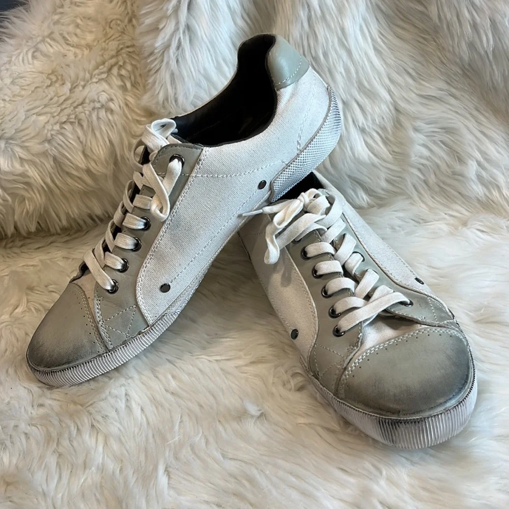 Gray Saks Fifth Avenue Paley Lace Up Leather Canvas Men Shoes Sneakers Size 9.5